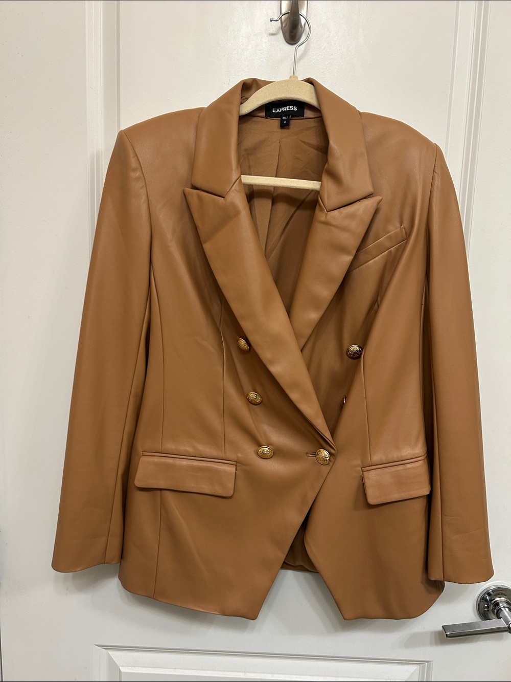 Express Double-Breasted Faux Leather Blazer in Camel Brown